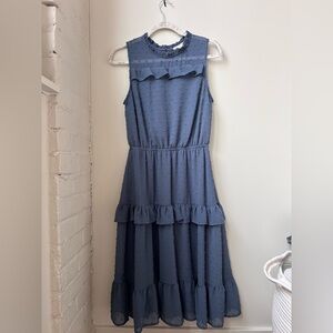 Monteau Dusty Blue Swiss Dot Ruffle Neck Top